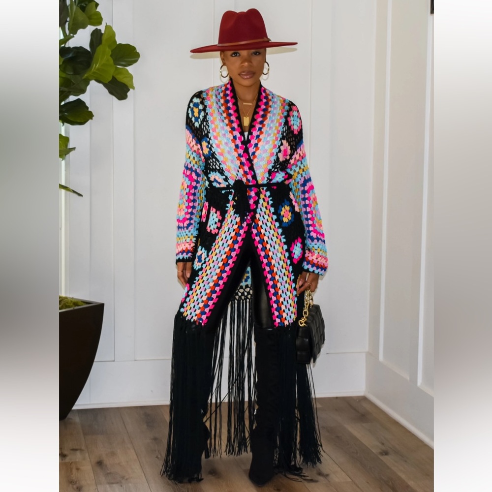 Multi color crochet duster sweater coat knit 🧶 open knit size L MAXI extra long